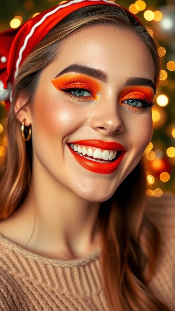 A festive makeup look with orange eyeshadow, warm blush, and bright orange lipstick against a backdrop of Christmas lights.